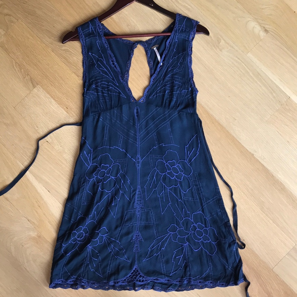 Free People Blue V-Neck Dress with Stitching